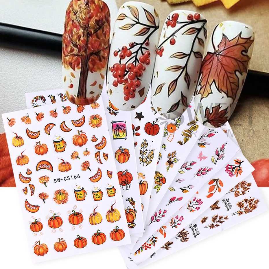 Autumn Pumpkin Nails Adhesive Stickers Fall Maple Leaf Flower Holly Element Decal Winter Adhesive Sliders Manicure Supplies TipsXJ240814