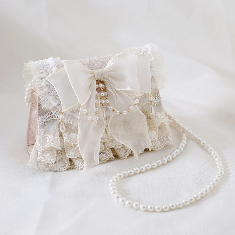 Women Tender Lolita Kawaii Bow Crossbody Bag Japanese Ins Girls Sweet Casual Chain Handbags Elegant Fairy Lace Shoulder Bags Y2k 240815