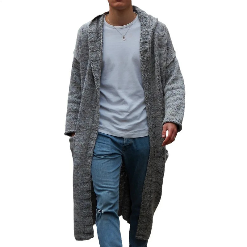 Winter Mens Vintage Hooded Thin Sweater Cardigan Long-sleeve Knitwear Loose Long Hoodie Coat for Men Casual Knitted Warm Jacket 240814