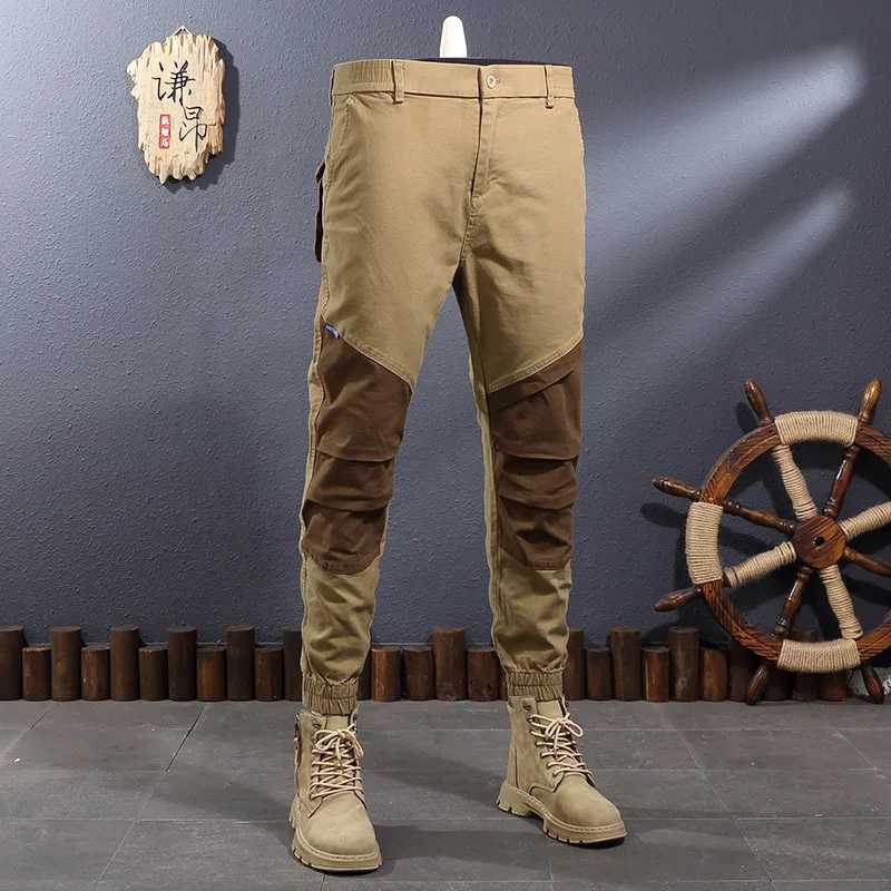 2024 new khaki splicing contrasting color ankle strap work pants mens fashionable elastic slim fit outdoor casual pantsW240725