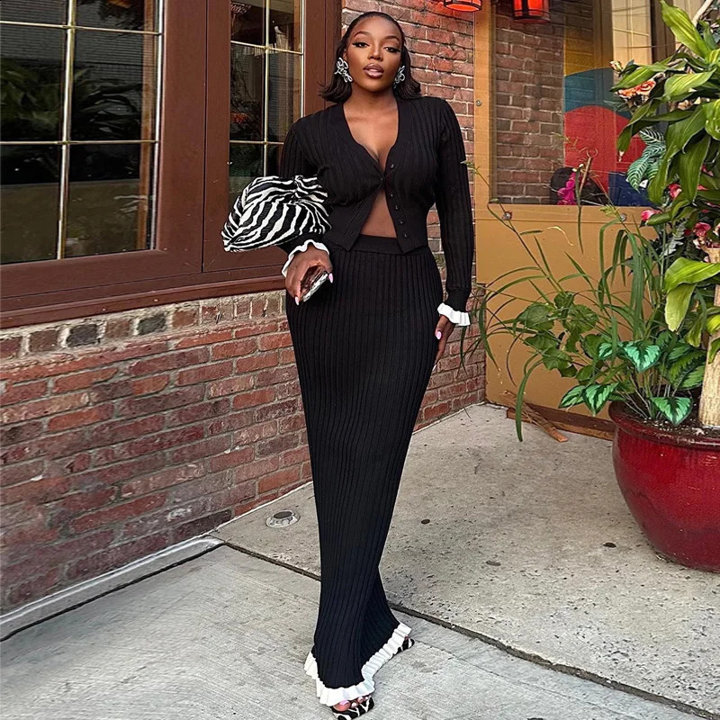 Knit Two Piece Set For Women Long Sleeve Cardigan Sweater And Maxi Skirt Sets Elegant Ruffle Birthday Party Night Club Outfit 240815