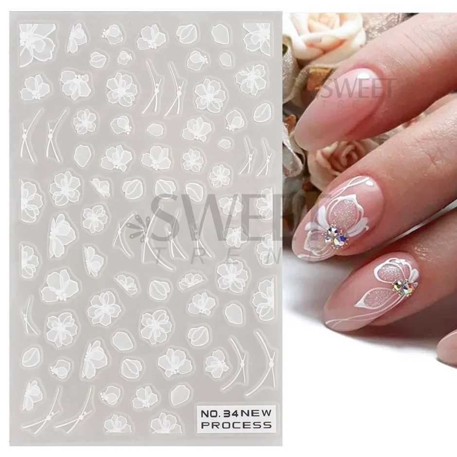 White Lace Flower Nail Art Sticker Acrylic Floral Charm Adhesive Sliders Elegant Wedding Bride Simple Line Design Manicure DecalXJ240814