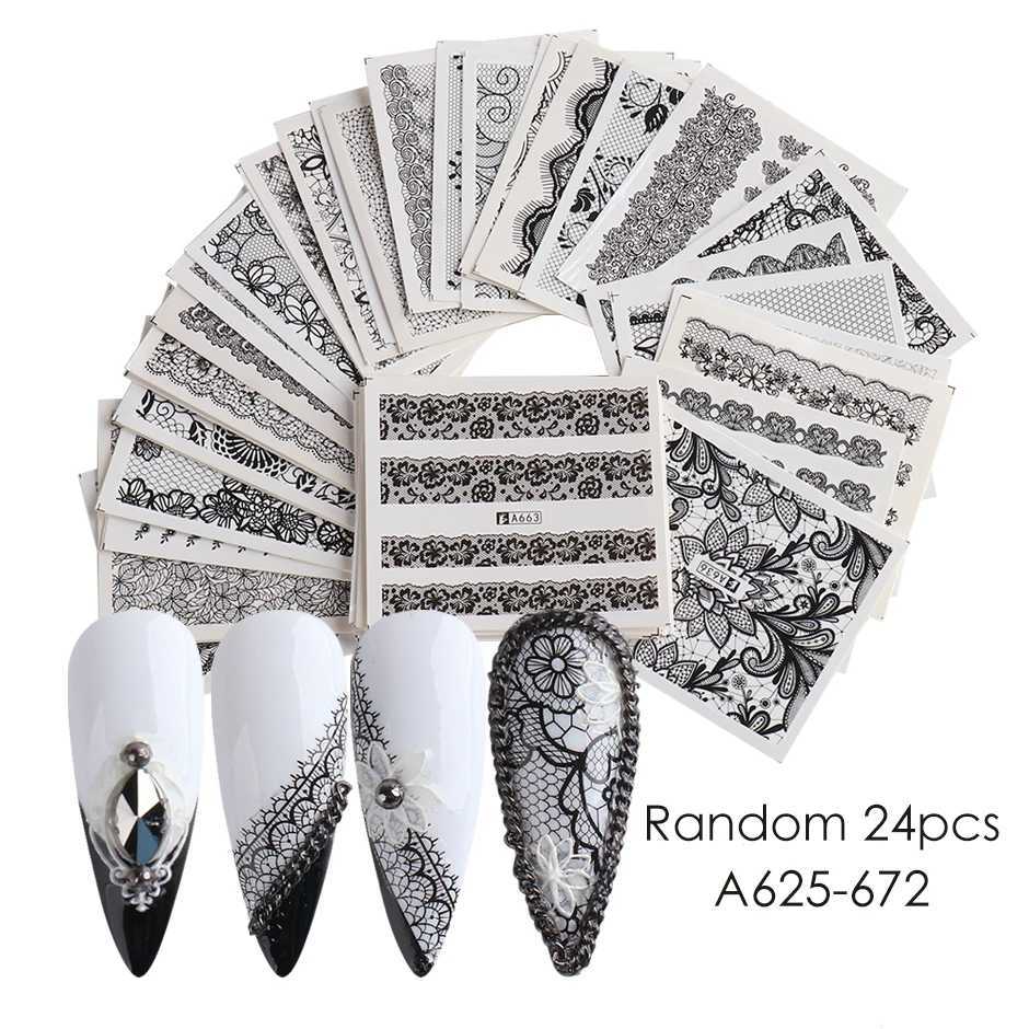 24pcs/set Black White Lace Flowers Nails Water Stickers Set Sexy Design Transfer Sliders Wedding DIY Charm Decoration LEA577-624XJ240814