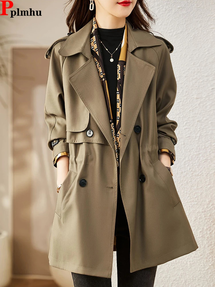 Casual double breasted mid length trench jacket Korean loose brushed Abrigos Gabardina womens windproof spring chic 240814