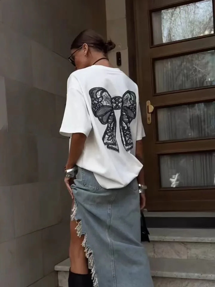 Cotton medium length summer Tshirt streetwear plus size Harajuku BF loose white printed short sleeved 240814