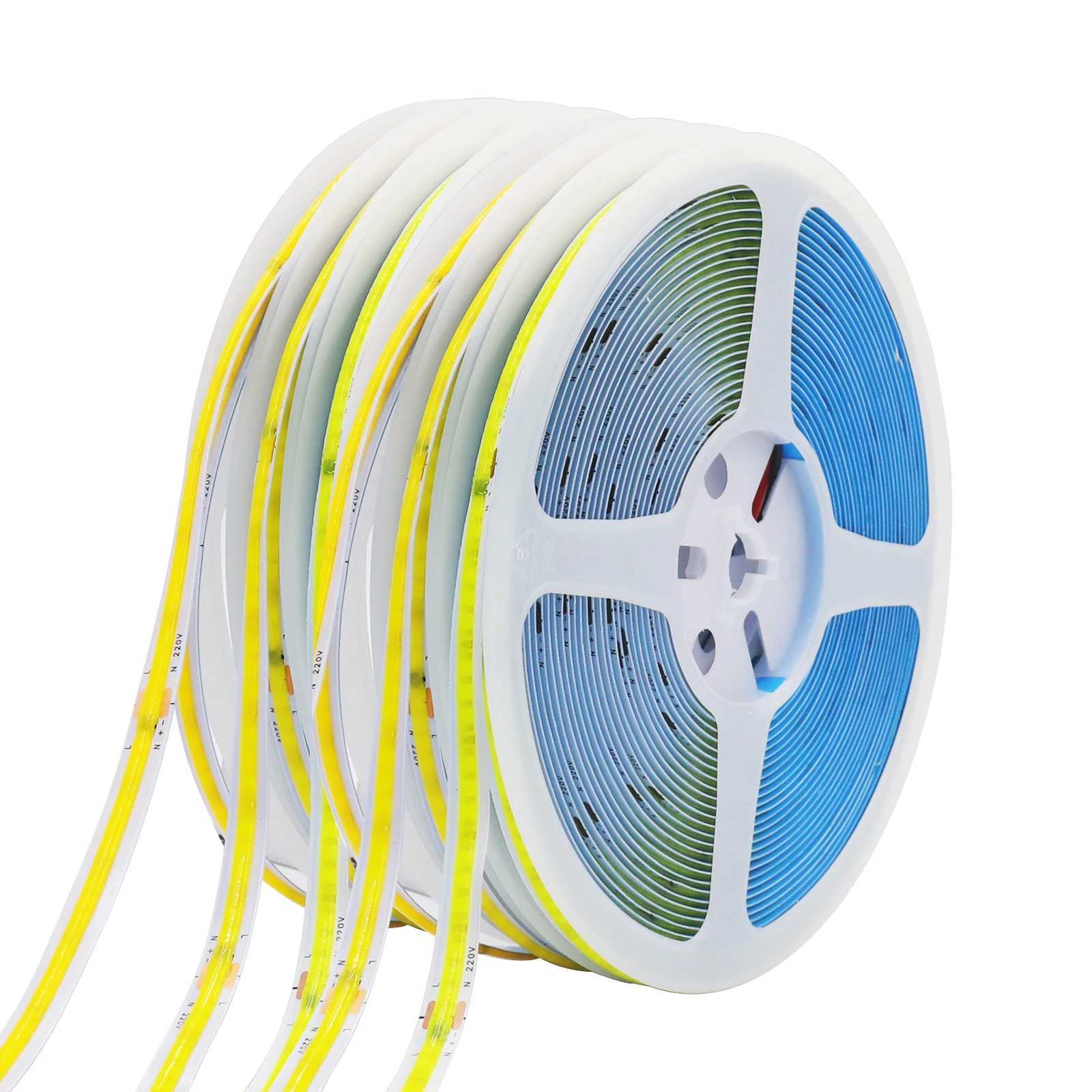 5M 10M AC220V COB LED Strip 240LEDs/m 8mm PCB Adhesive High Density Linear Lighting COB Light Bar White/Warm White/Natural White CL240815