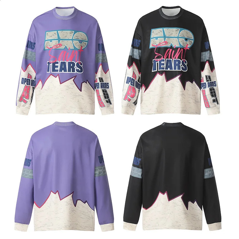 Purple Black Blocked Tears Tshirt Mens Hip Hop 100% Cotton Top Classic Printed Long Sleeve 240815
