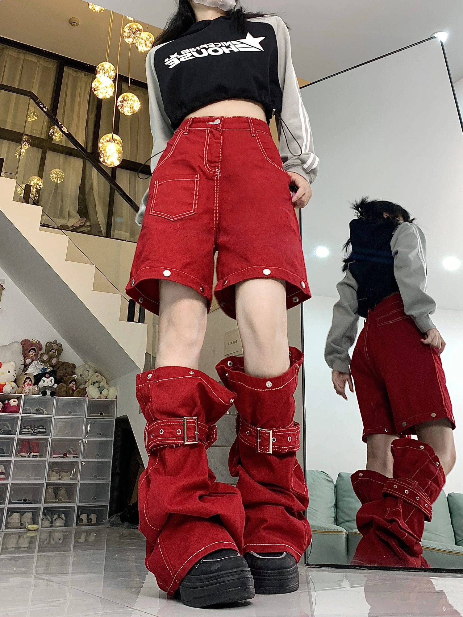 Chic Hip-hop Women Red Cargo Pants 2-In-1 Detachable Baggy Jeans Y2k Wide Leg Trousers 90s Retro Streetwear 240815