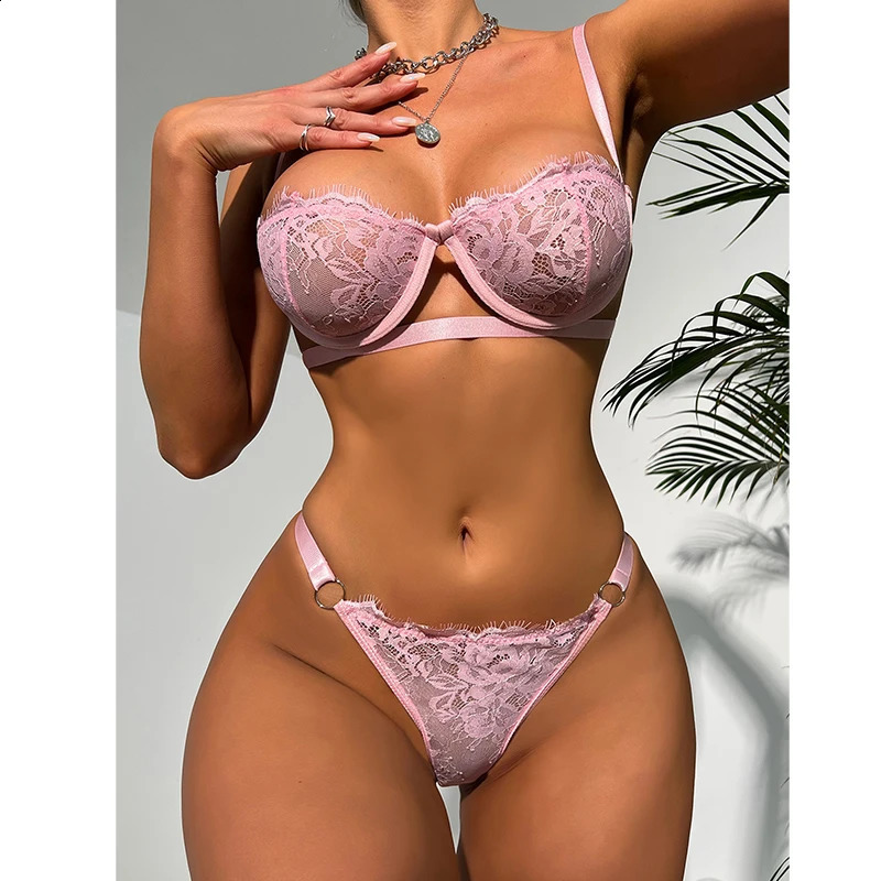 Lace Sheer Bra Cute Womens Pajama Set With Panties Embroidery Sexy Lingerie Steel Ring PushUp Body Bras Femme Sleepwear Sets 240815