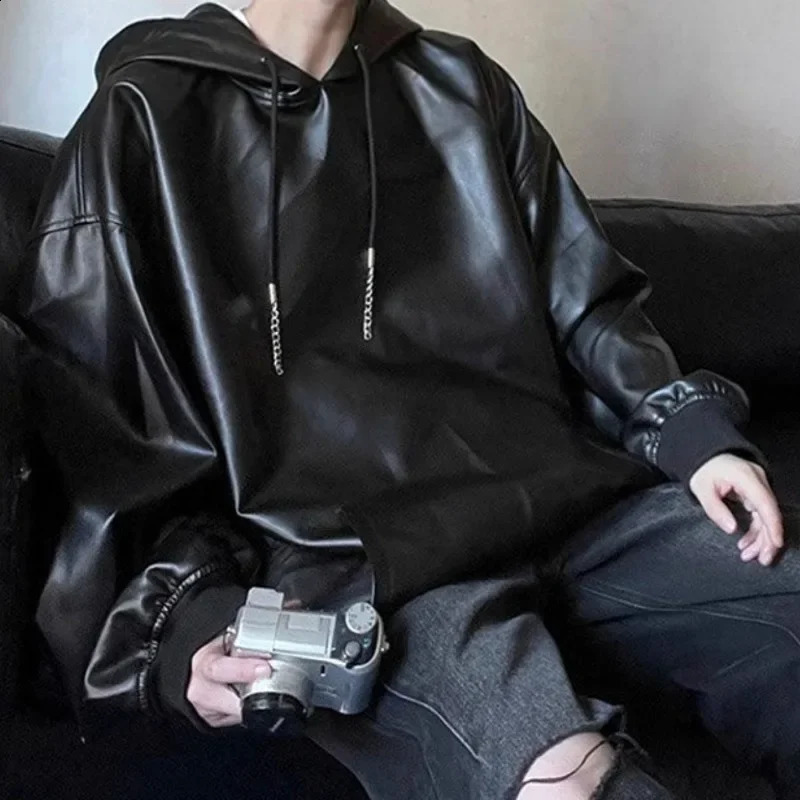 Pu Racing Hooded Jacket Mens Spring Autumn Loose Locomotive Leather Jackets Solid Color Long Sleeves Pockets Hoodies Tops 240814