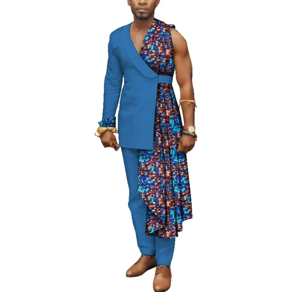Men Bazin Riche Patchwork One-Shoulder Top and Pants Cotton 2 Pieces Pants Sets Special Custom Mens African Clothing WYN497 240814