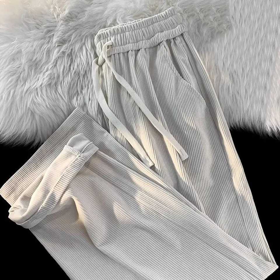 New autumn mens wide leg pants loose straight cylindrical Trouser elastic waist brushed full matching pantsW240725