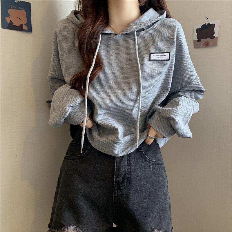 Waffle short hoodie for female students, Korean version, autumn/winter new design, loose and lazy style top jacket f99c5 bca32