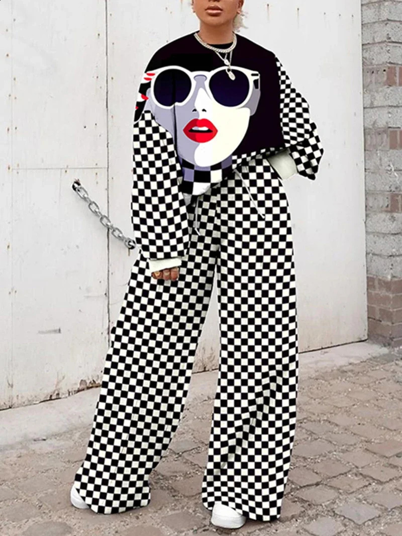 Super sized track suit womens twopiece pants set autumn clothing cartoon printed zipper sports shirt wide leg 240809