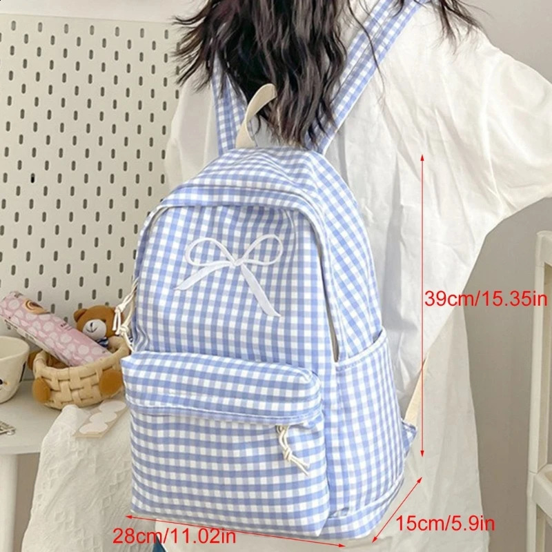 E74B Japanese Style Women Checkered Pattern Backpack Large Capacity Cute Bowknot School Bag Book Bag for Everyday Use 240813