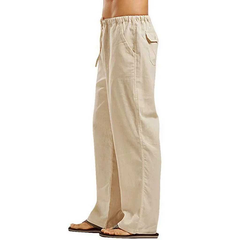 Summer linen straight pants fashionable mens casual loose and lightweight sports pants cotton linen breathable Trouser elastic waist pantsW240725