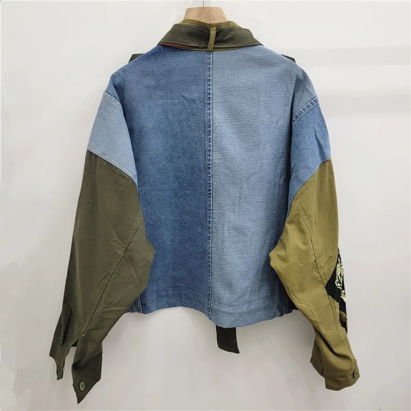 GetSpring Women Jacket 2024 Autumn Fashion Loose Casual Denim Stitched Full Sleeve Patchwork Letter Army Green Short Coat 240814