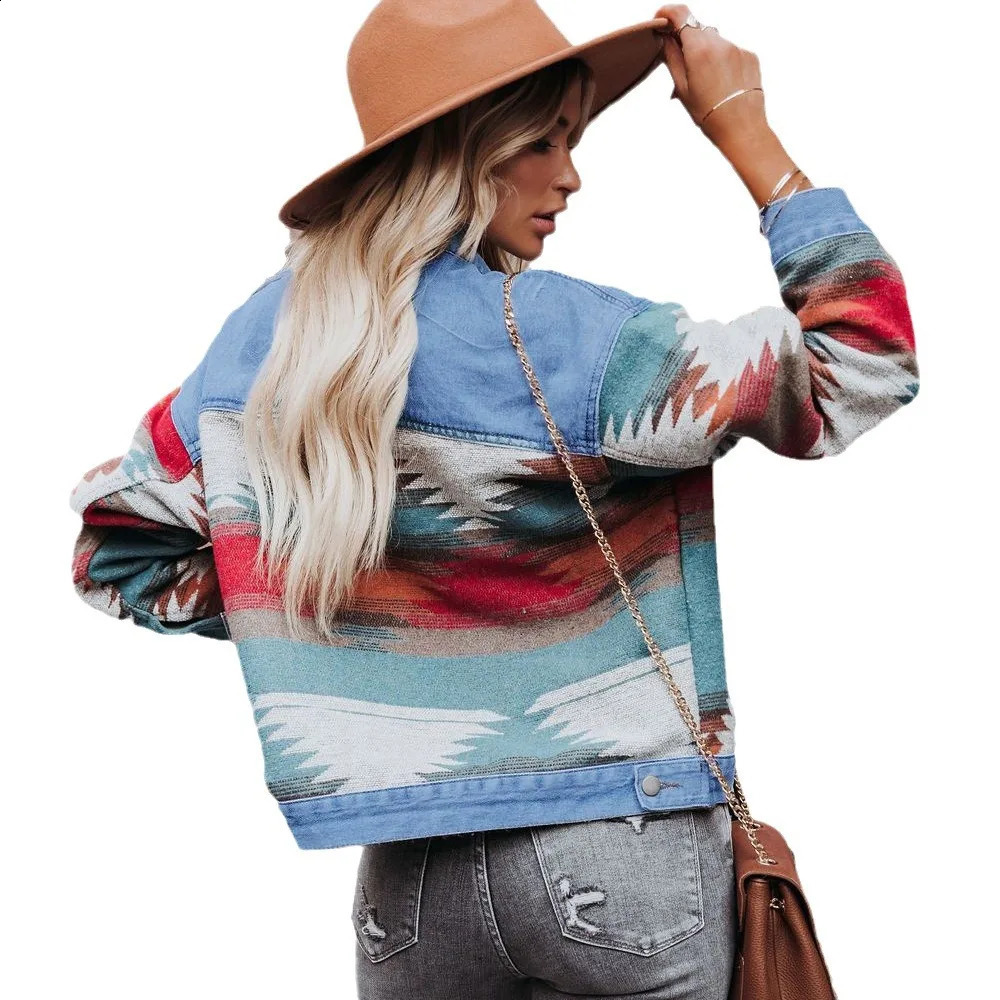 Vintage Womens Denim Jacket Geometric Print Autumn Winter Jeans Coat Female Slim 2024 Autumn Fashion Outerwear 240814