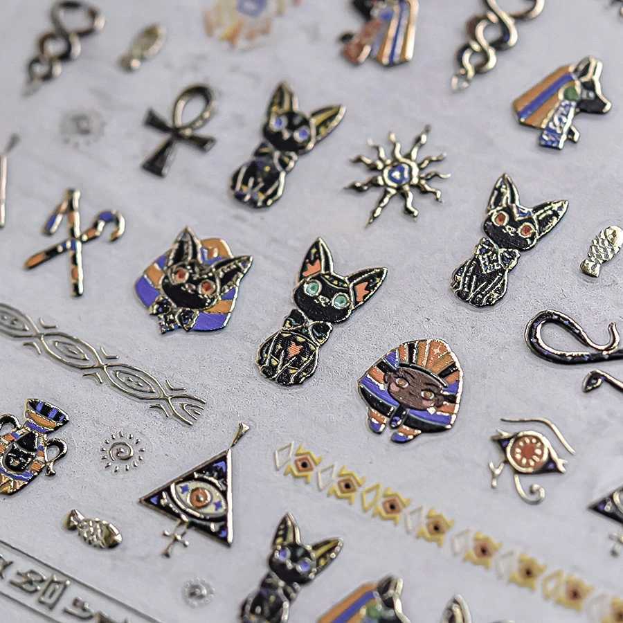 Retro Noble Mysterious Egyptian Cat Totem Hot Stamping Black Pharaoh Kitty Paw Embossed Reliefs Nail Art Sticker Manicure DecalsXJ240814