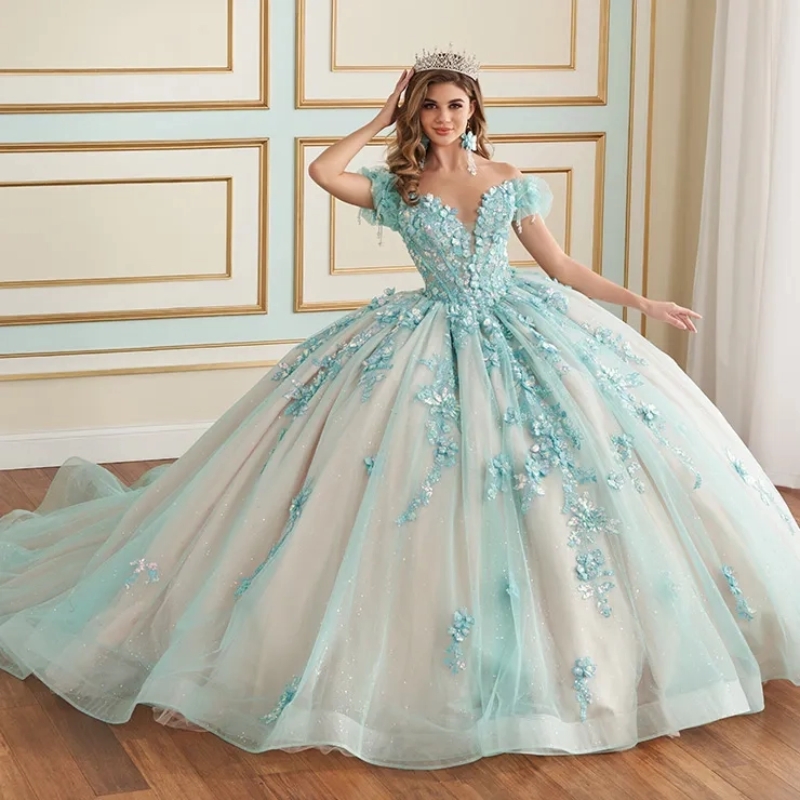 Glitter Water Blue Quinceanera Dress Ball Gown Champagne Lining Lace Applique Beaded Tull Mexican Corset Sweet 16 Vestidos De 15 Anos