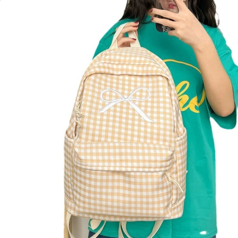 E74B Japanese Style Women Checkered Pattern Backpack Large Capacity Cute Bowknot School Bag Book Bag for Everyday Use 240813