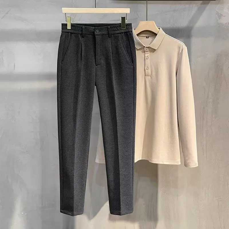 Mens elastic button zipper pleated pocket spliced straight slim fit business casual spring and autumn winter solid color wool pantsW240725