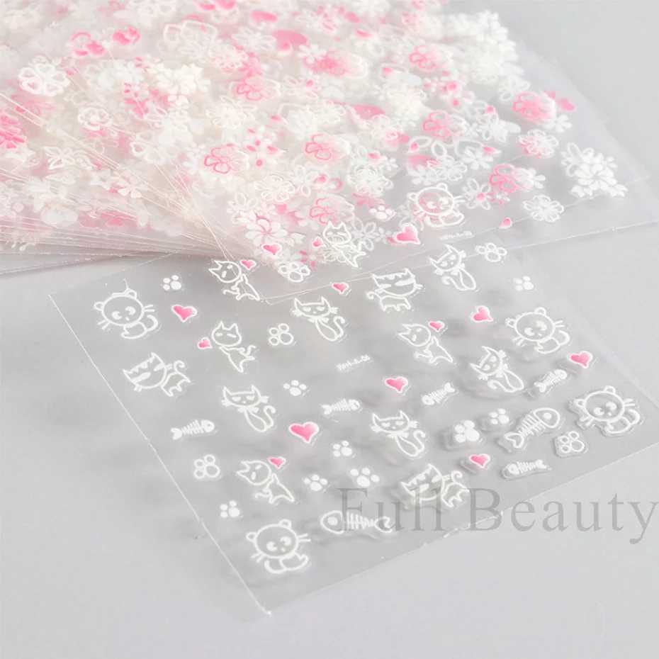 30Pcs Pink White Flowers Nail Sticker Set Sakura Cherry Cute Floral Decals Heart Moon Butterfly Sliders Nail Charms LA3D30set-01XJ240814