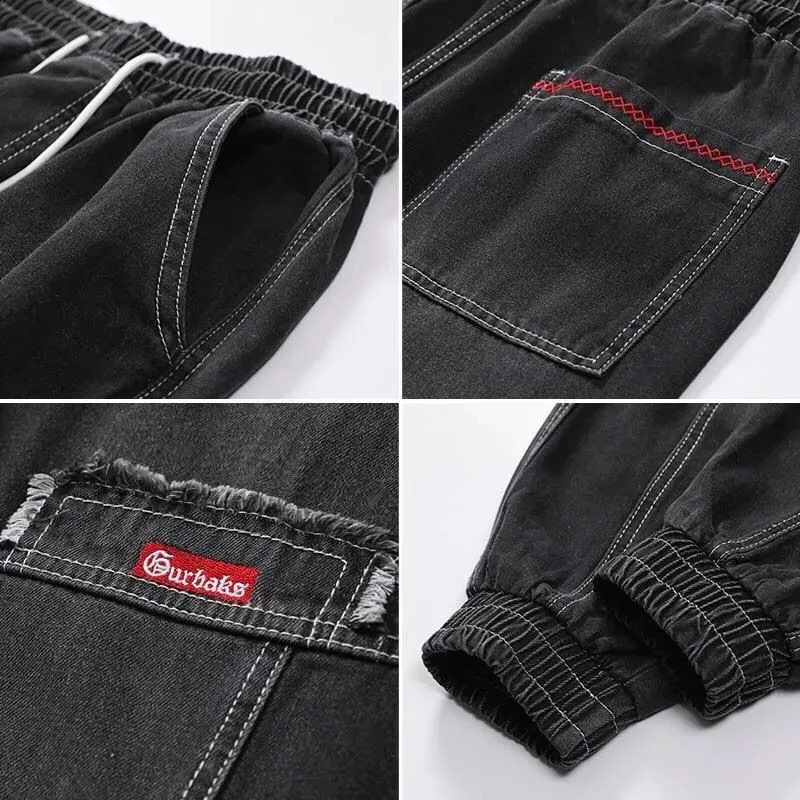 Korean Fashion Ankle Banded Denim Men Jeans Black Gray Cargo Pants for Men Elastic Baggy Harem Pants Streetwear Hip Hop Jeans 240814