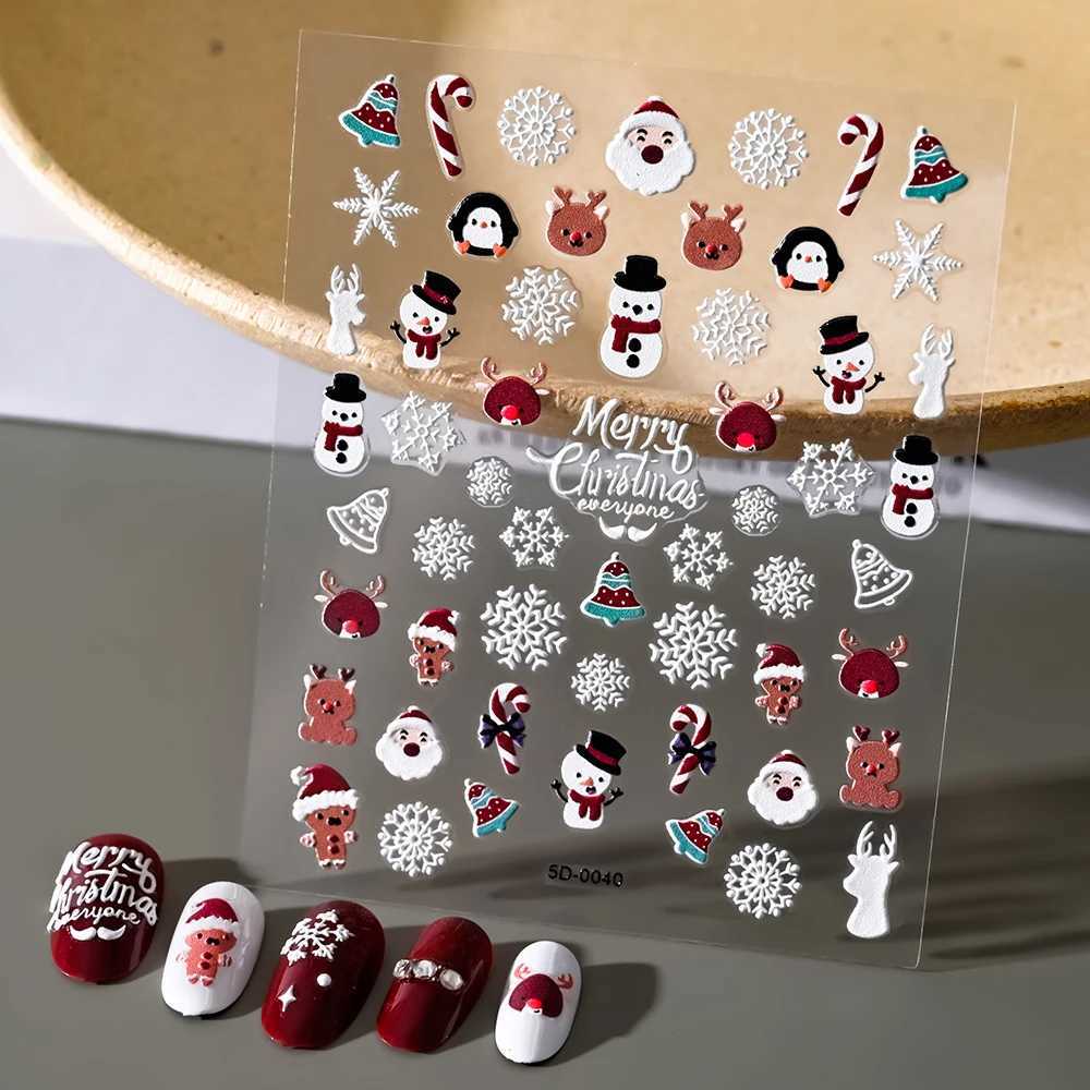 Christmas 5D Embossed Snowman Snowflakes Nail Art Stickers 8*10cm Cartoon Santa Claus Elk Christmas Decal DIY Manicure Decals *XJ240814