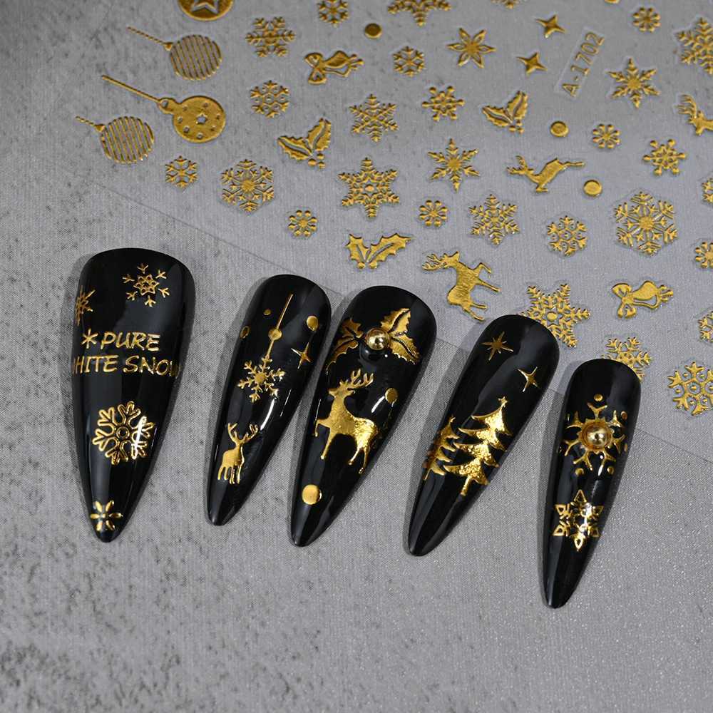 3D Gold Glitter Snowflake Nail Sticker Winter Reflective Elk Star Balloon Christmas Tree Foil Xmas New Year Decal Tips DecoratioXJ240814