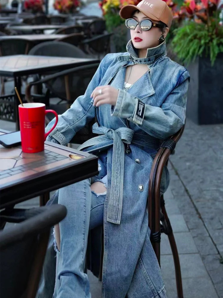 Autumn and Spring Denim Long Coat Womens y Coats Jacket Traf Trench 240814