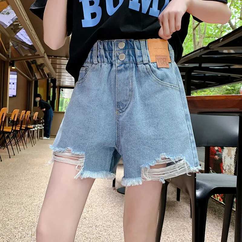 Childrens girls summer shorts retro tear hole casual style elastic waist jeans childrens clothing 6 8 10 12 14 years old W240813