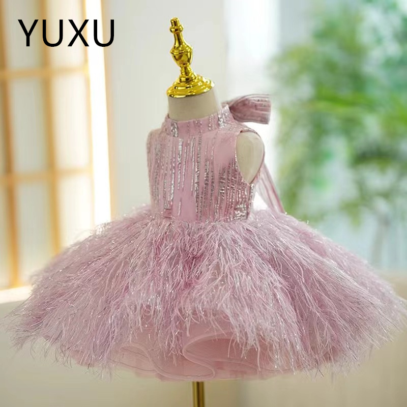 feather Flower Girl Dresses Bridesmaid Party Pageant Dresses Lace Flower Girls Gowns First holy Communion Dress pageant Champagne ball gown dresses ki