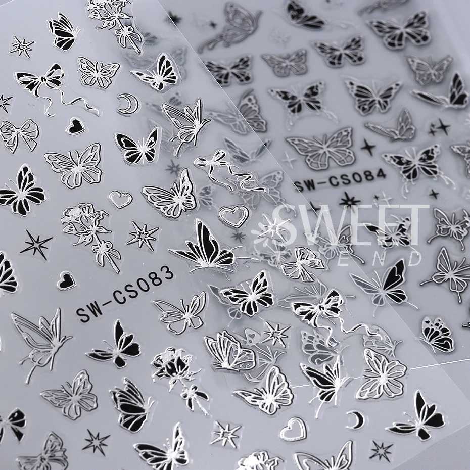 Black Silver Chrome Butterfly Nail Stickers Metal Mirror Star Gilded Design Decals DIY Summer Red Moon Decoration Manicure WrapsXJ240814