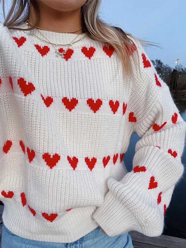 Casual Knitted Heart Print Pullovers Women Loose O Neck Long Sleeve Sweaters Female Autumn Winter Lady Fashion Warm Jumpers 240812