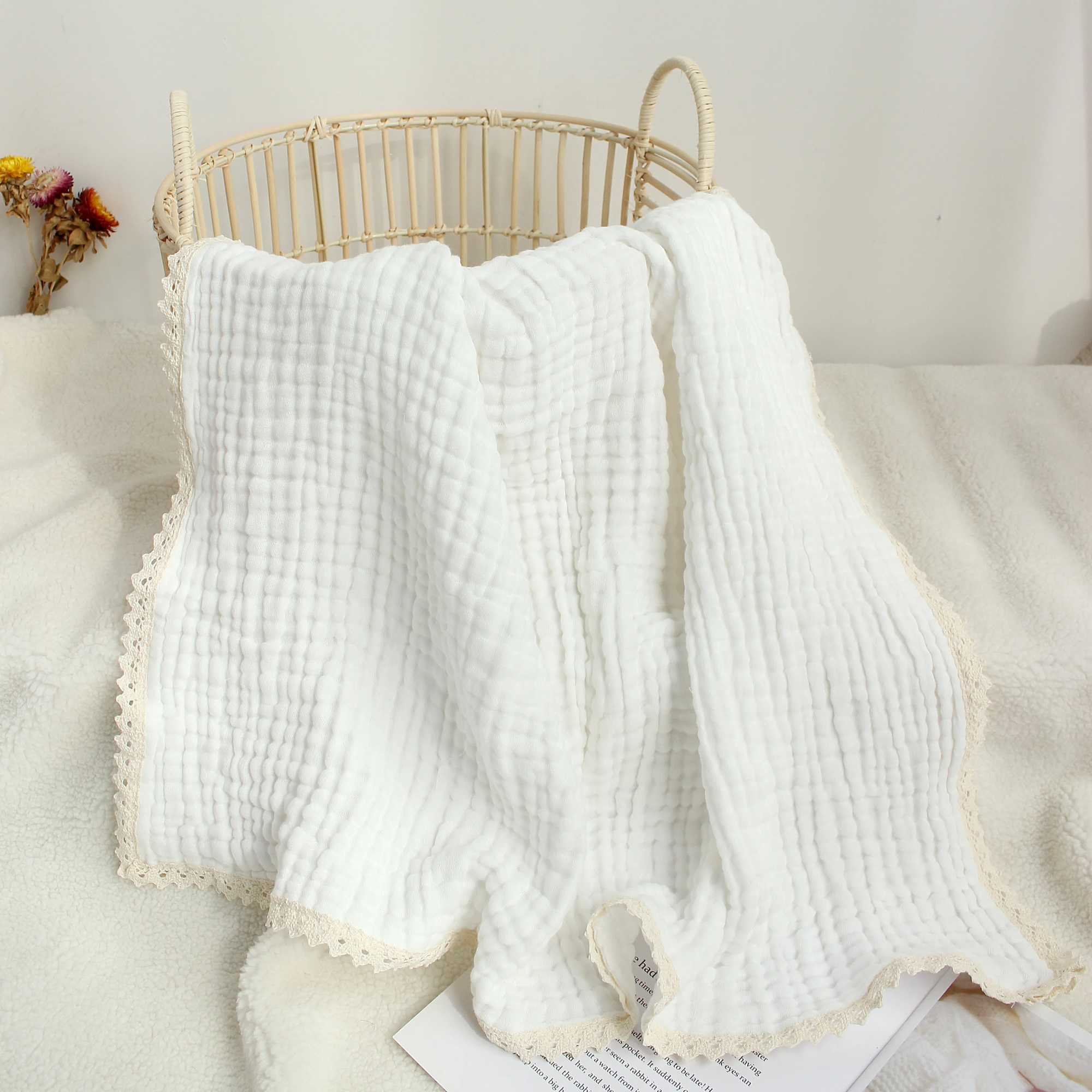 Baby Swaddle Blanket Cotton Bath Towel Six Layers Gauze Lace Swaddle Wrap for Newborn Blanket Baby Items Y240815