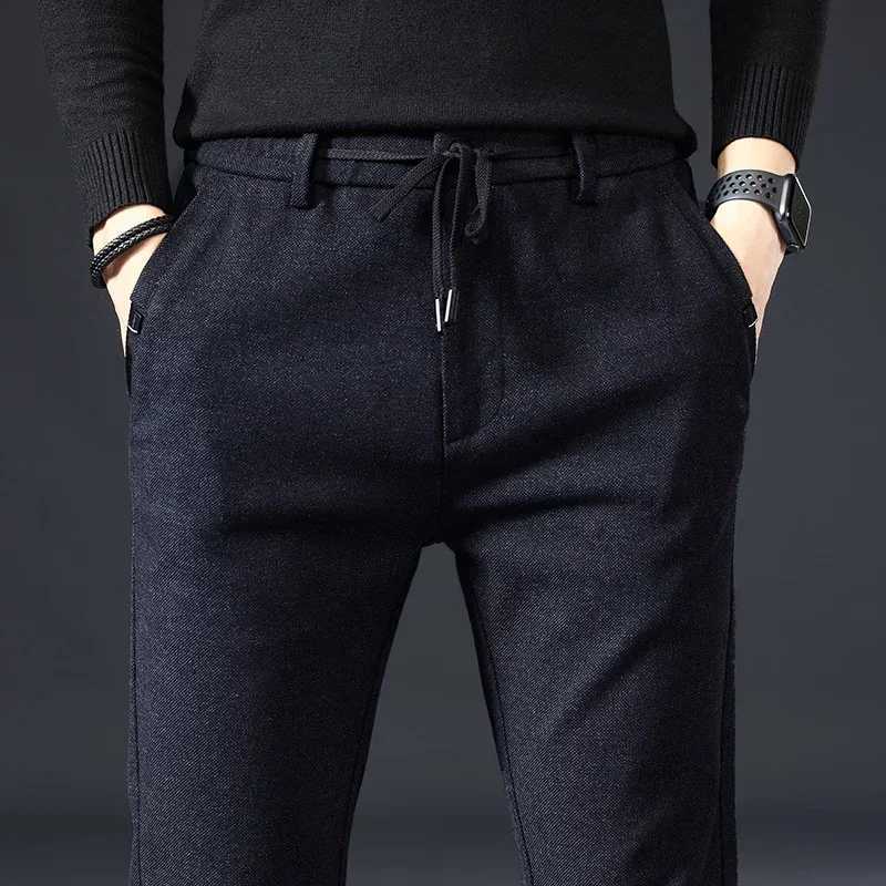 Autumn and winter brushed fabric casual pants mens thick work pants brushed elastic waist ultra-thin black mens plus size 38W240725