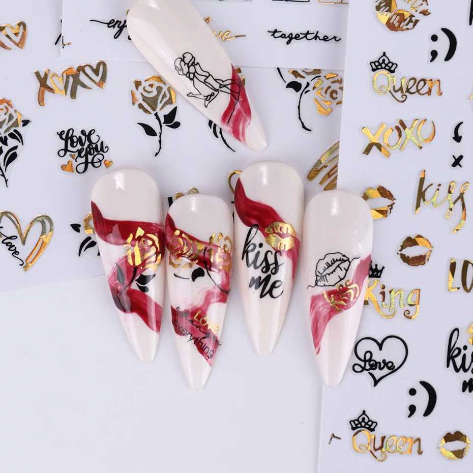1PCS Black Gold Love Heart Letters 3D Nail Stickers Valentines Day Nail Art Decoration Cartoon Bear Cupid Stickers For NailsXJ240814