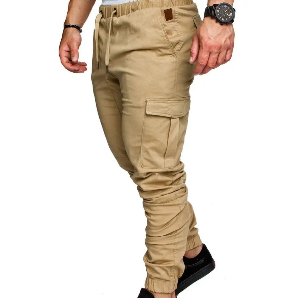 Men Harajuku Joggers Men Clothing Trousers Casual Solid Color Pockets Waist Drawstring Ankle Tied Skinny Cargo Pants 240810