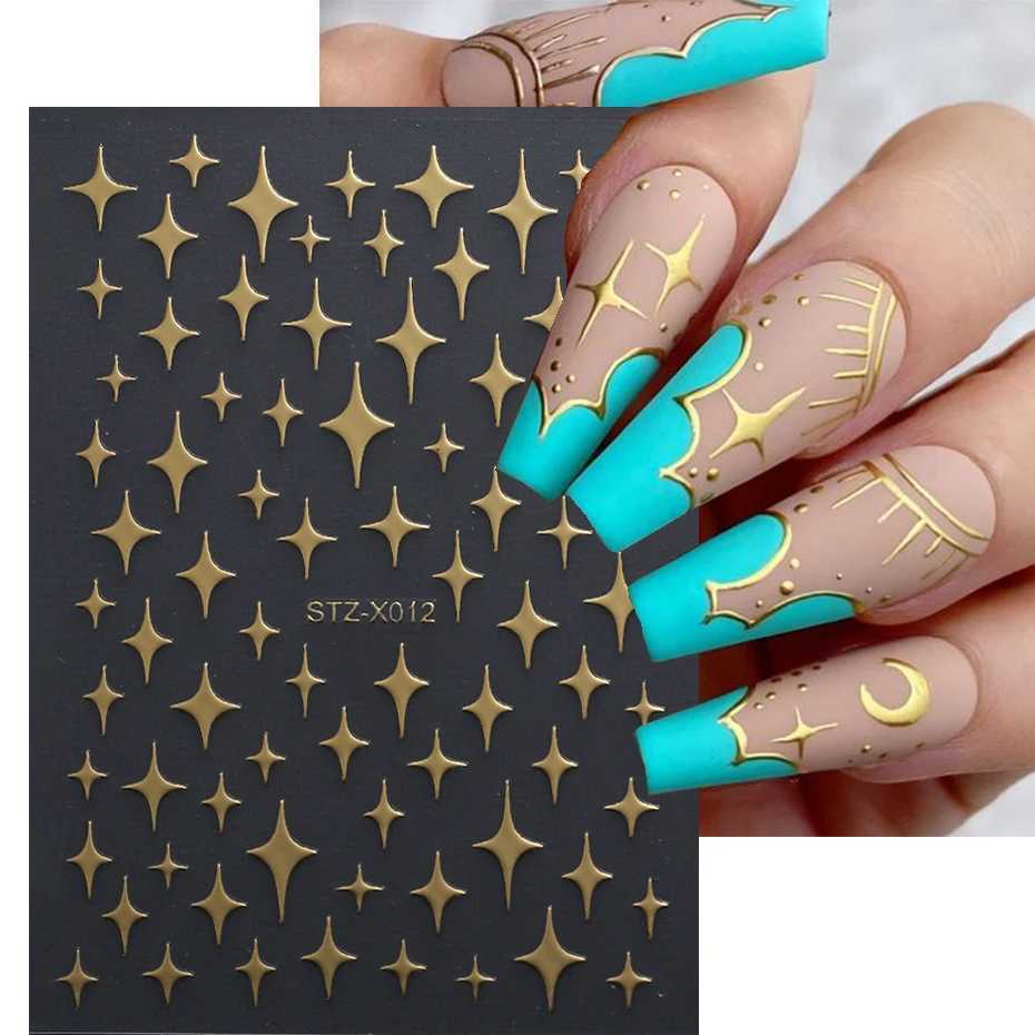 Silver Gold Star Nail Art Stickers Y2K Charms Self-Adhesive Sliders Laser White Chrome Gel Polish Decals Kawaii AccesoriesXJ240814