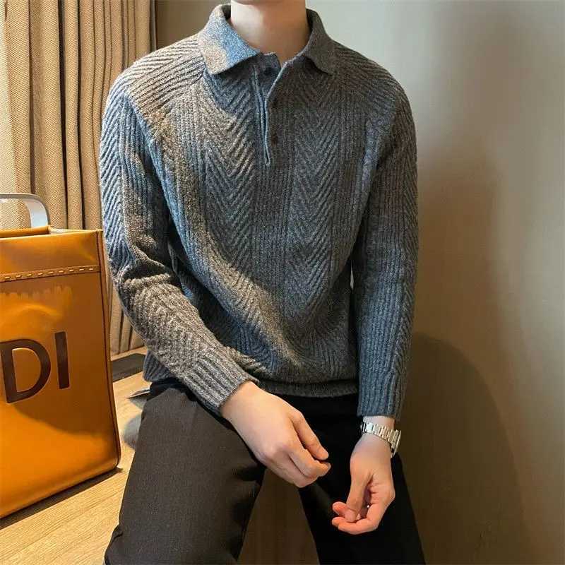 Sweater Mens Retro Texture Turndown Collar Polo Shirt Autumn Winter Casual Solid Color Buttons Knitted Sweaters Tops PulloverXJ240814