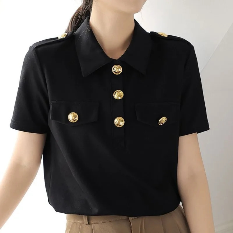 Summer Polo Neck Short Sleeve Unique Splicing Button Thin Solid Color Ultra Casual Womens Tshirt Top 240814