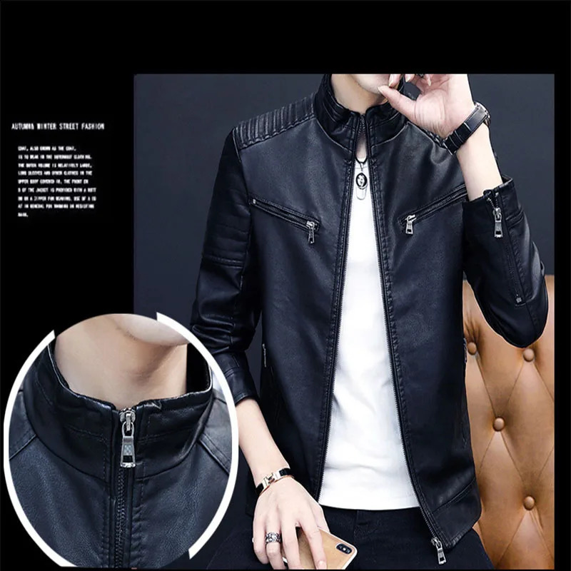 Motorcycle Jacket Mens Fashion Leather Jacket Slim Fit Stand Collar PU Jacket Male Anti-wind Motorcycle Jackets Men Coat 240814