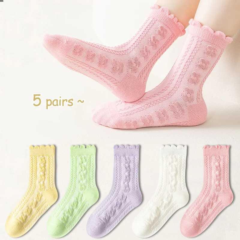 5 pairs of girls socks cotton mid tube socks solid color lace socks summer thin breathable socks childrens socks solid color sy W240814