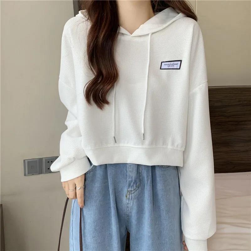 Waffle short hoodie for female students, Korean version, autumn/winter new design, loose and lazy style top jacket f99c5 bca32