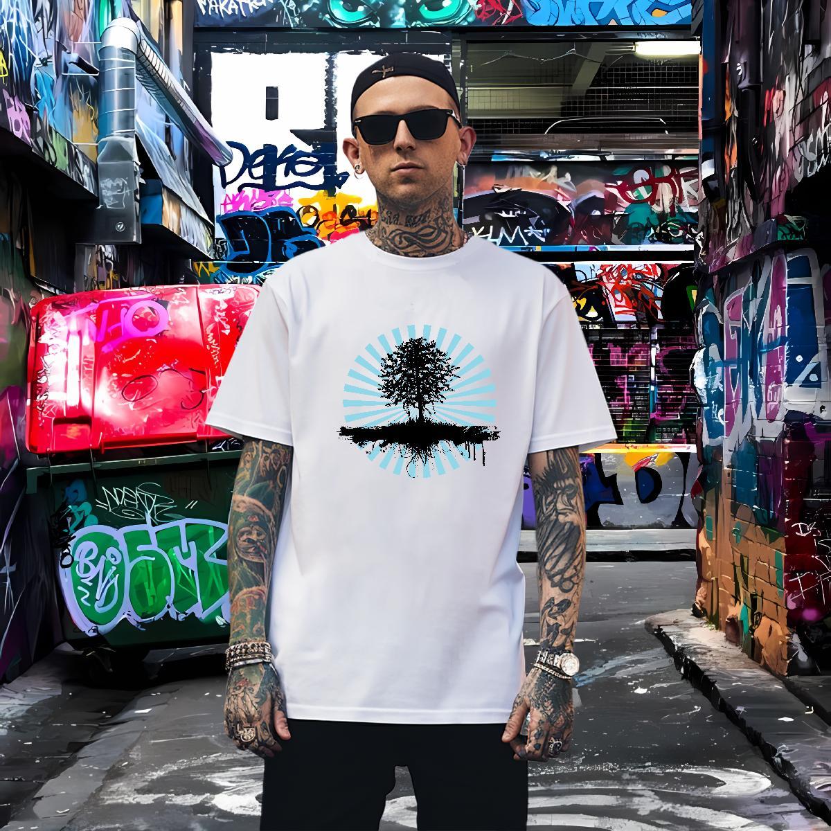 Unisex tree T-Shirts for Men High Street Hip Hop Men Tees 230g Pure Cotton Customized Breathable Crew Neck DIY Tops Shirt