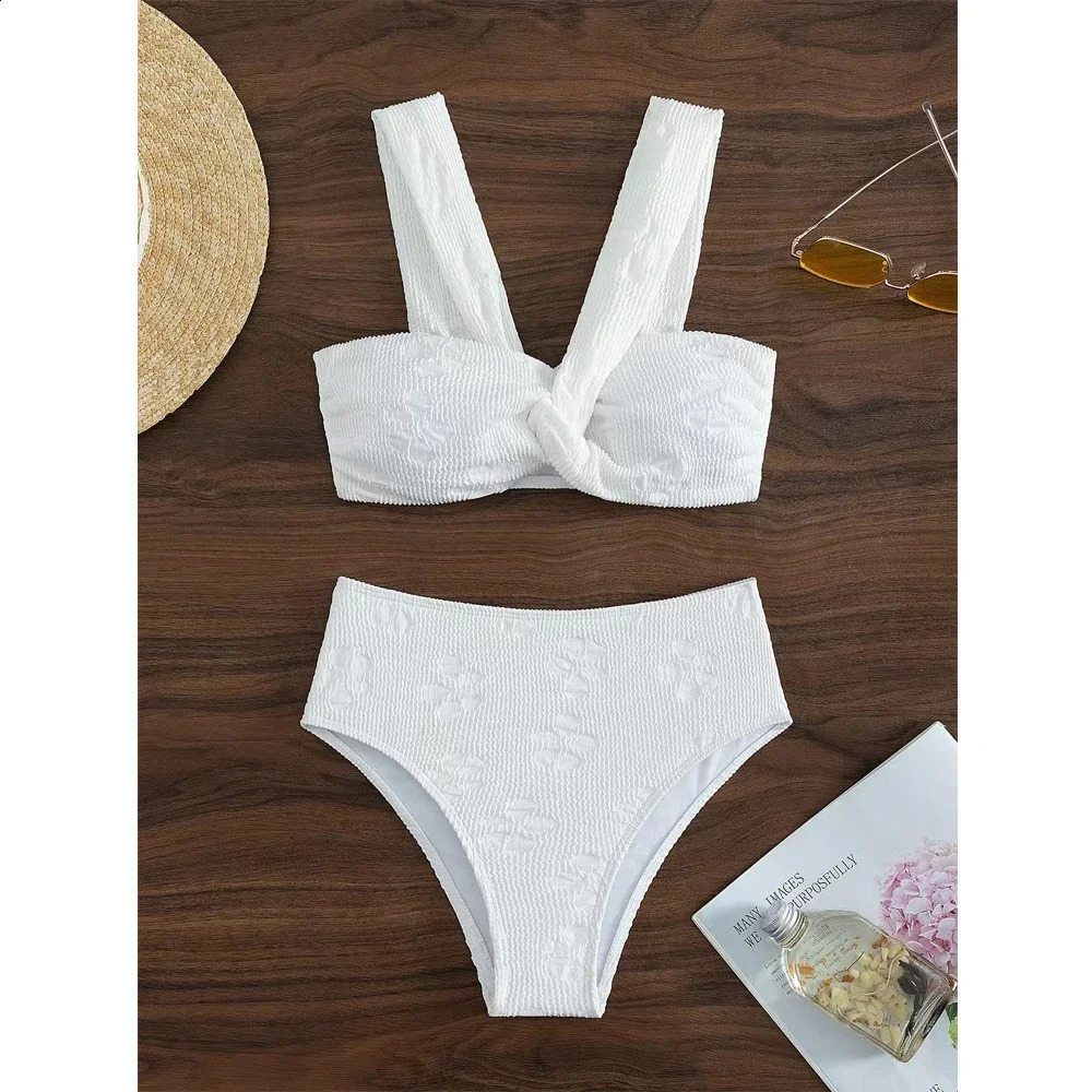 2 Piece Bikini Solid Color Swimsuit Women High Waist Bathing Suit Knotted Suspender Backless Swimwear Summer Beachwear Y268 240813