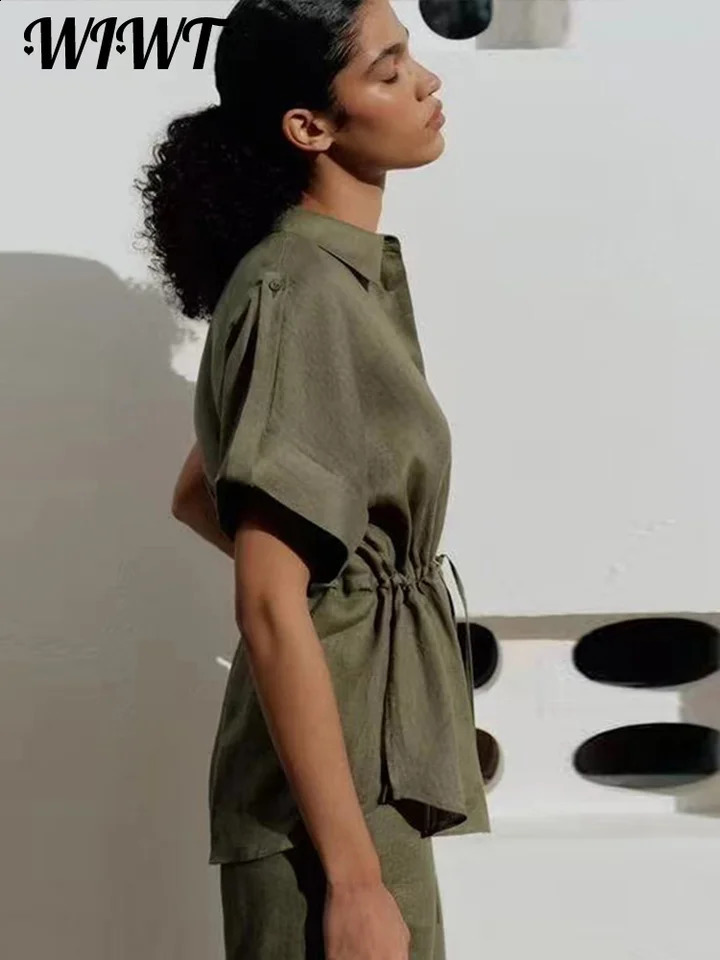 Elegant Lace-up Lapel Shirt Pants Set Women Loose Turn-down Collar Short Sleeve Top Straight Trousers Summer Casual Outfits 240815