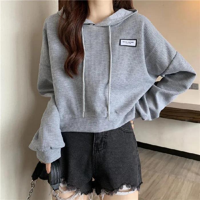 Waffle short hoodie for female students, Korean version, autumn/winter new design, loose and lazy style top jacket f99c5 bca32