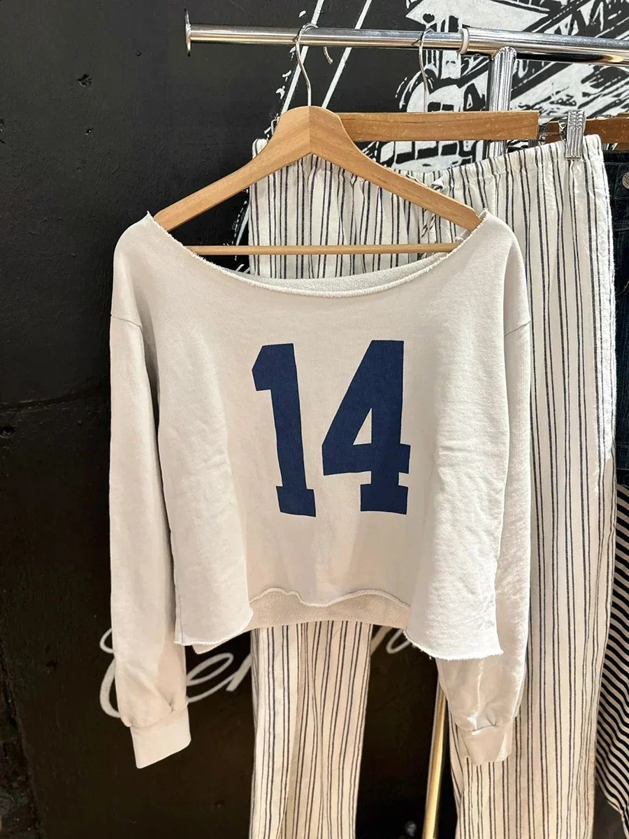 Womens 14 printed oversized long sleeved crop top autumn exclusive collar raw hem cotton loose cut Tshirt 240814